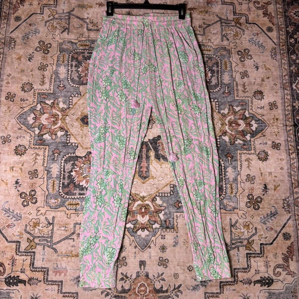 Hemant and Nandita Pink Green Floral Gold Lurex Jogger Pants Womens Medium Boho